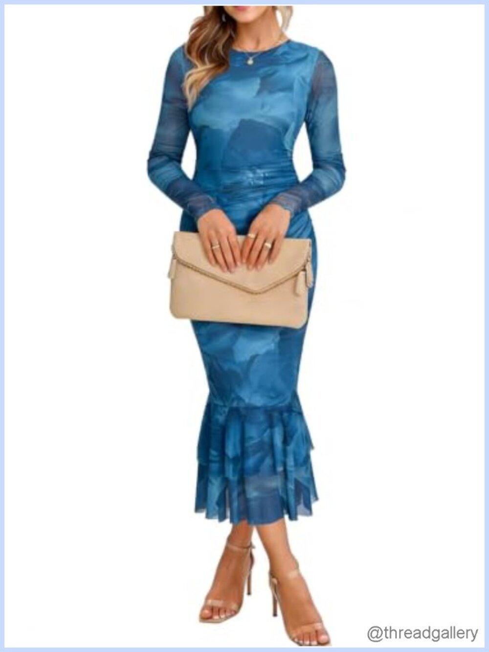 Women's Tie Dye Long Sleeve Ruched Bodycon Midi Dress Ruffle Hem Party Cocktail